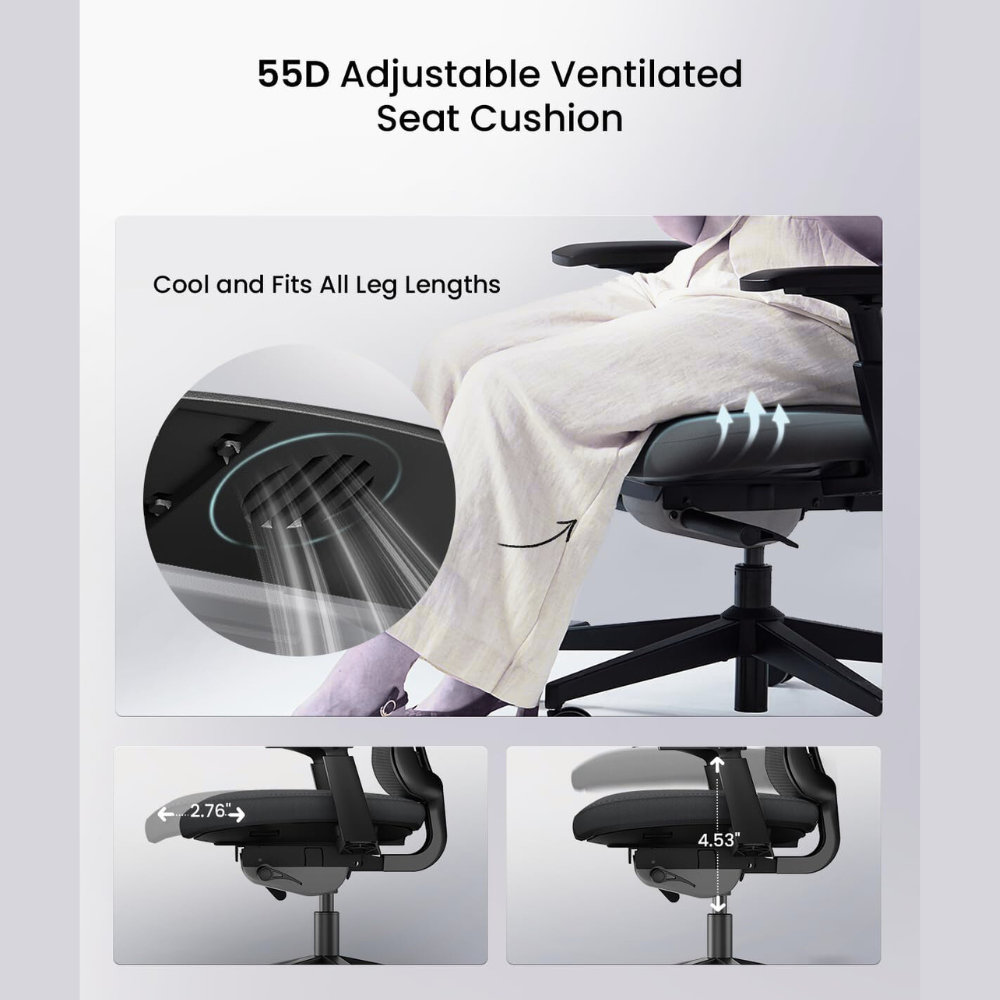Person sitting on a chair with a ventilated seat cushion, showing adjustments.