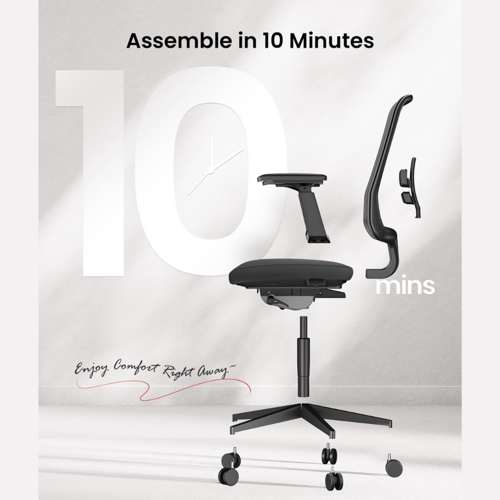 Disassembled black office chair parts against a background with a large "10" and clock.