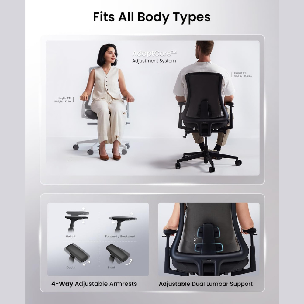Two people sitting in office chairs. A woman on the left, a man on the right. Armrests and lumbar support below.