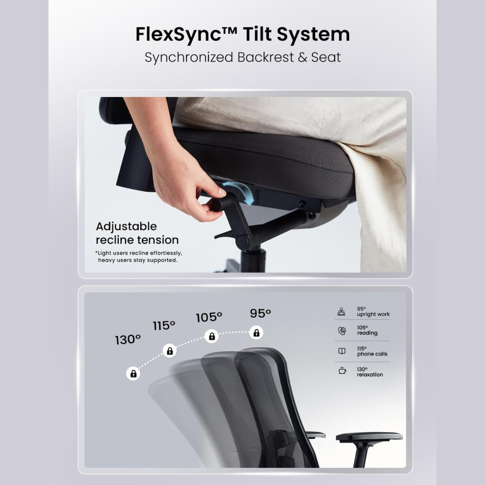 Office chair with FlexSync tilt system, adjustable backrest and seat.