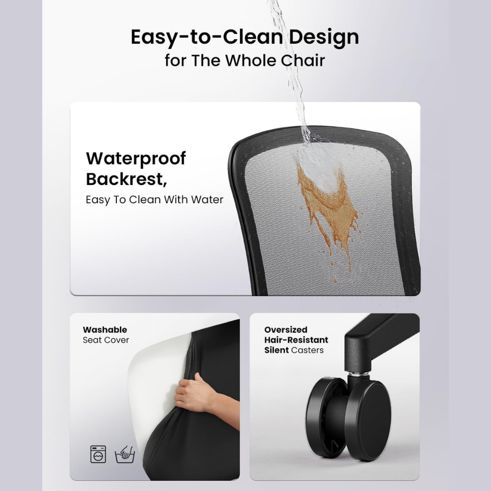 Water stream on a mesh backrest, showing it is waterproof.