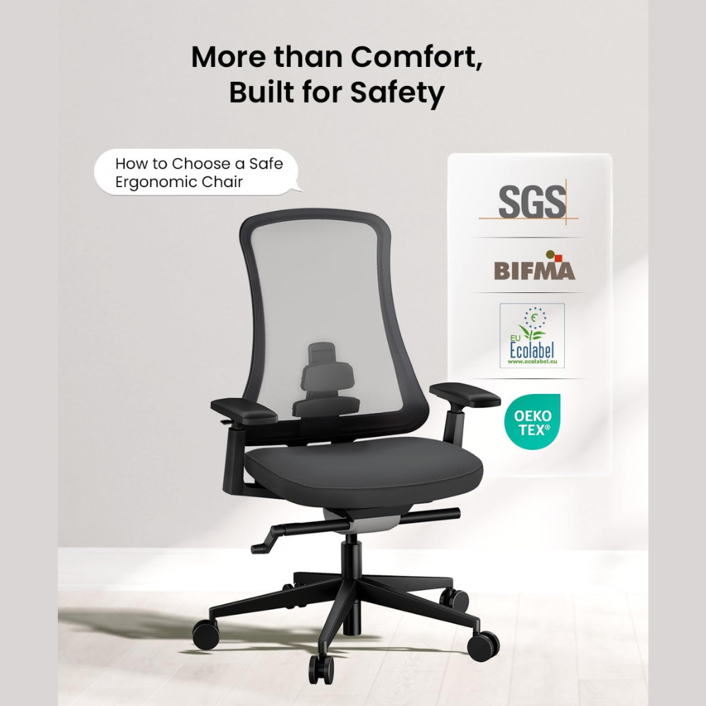 Black ergonomic chair with mesh back, standing on wheels. Certifications shown.