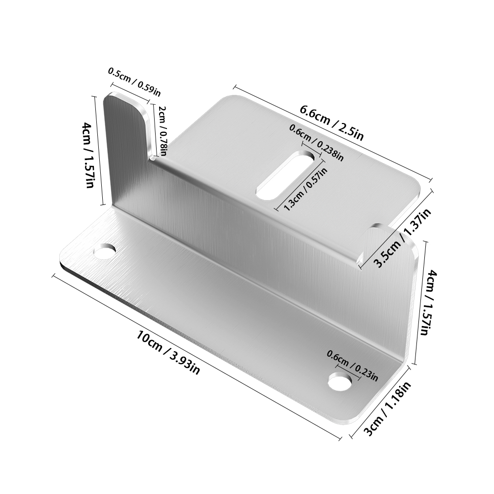 Ein L-förmiger Metallwinkel mit Maßen und Löchern.