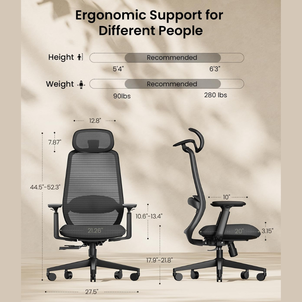 Twee ergonomische bureaustoelen worden getoond met afmetingen voor lengte en gewicht.