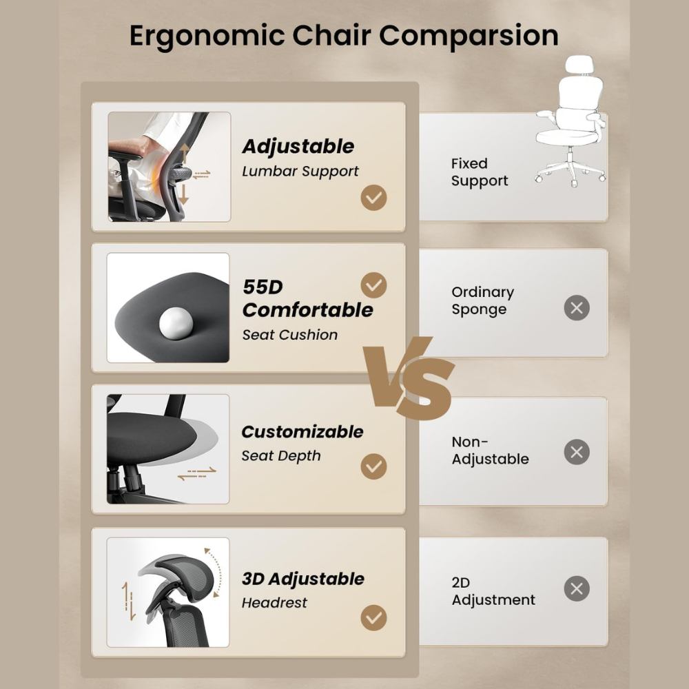 Ergonomische stoel vergelijking: verstelbare lendensteun, 55D zitkussen, aanpasbare zitdiepte, 3D hoofdsteun vs. vaste steun.
