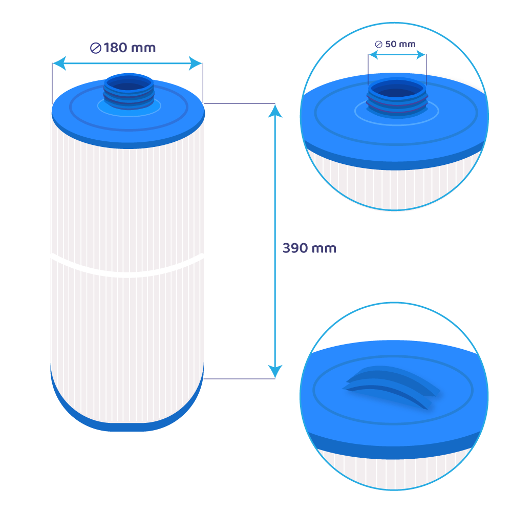 Ein blauer Poolfilter mit Maßen: 180mm Ø, 390mm Höhe und 50mm Gewinde.