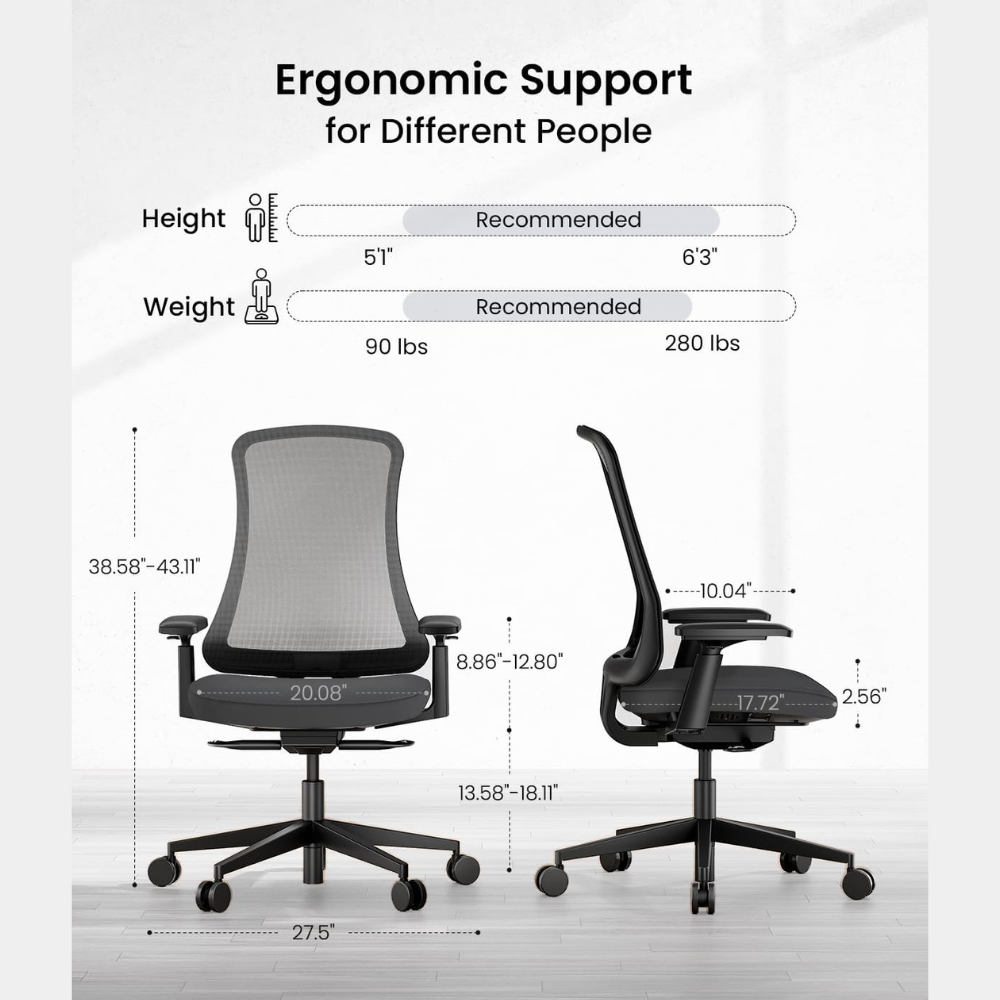 Ergonomic chair with dimensions and weight/height recommendations.