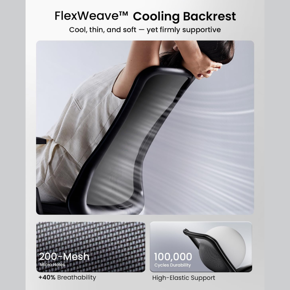 Person leaning back on a black mesh chair with text about FlexWeave cooling backrest.