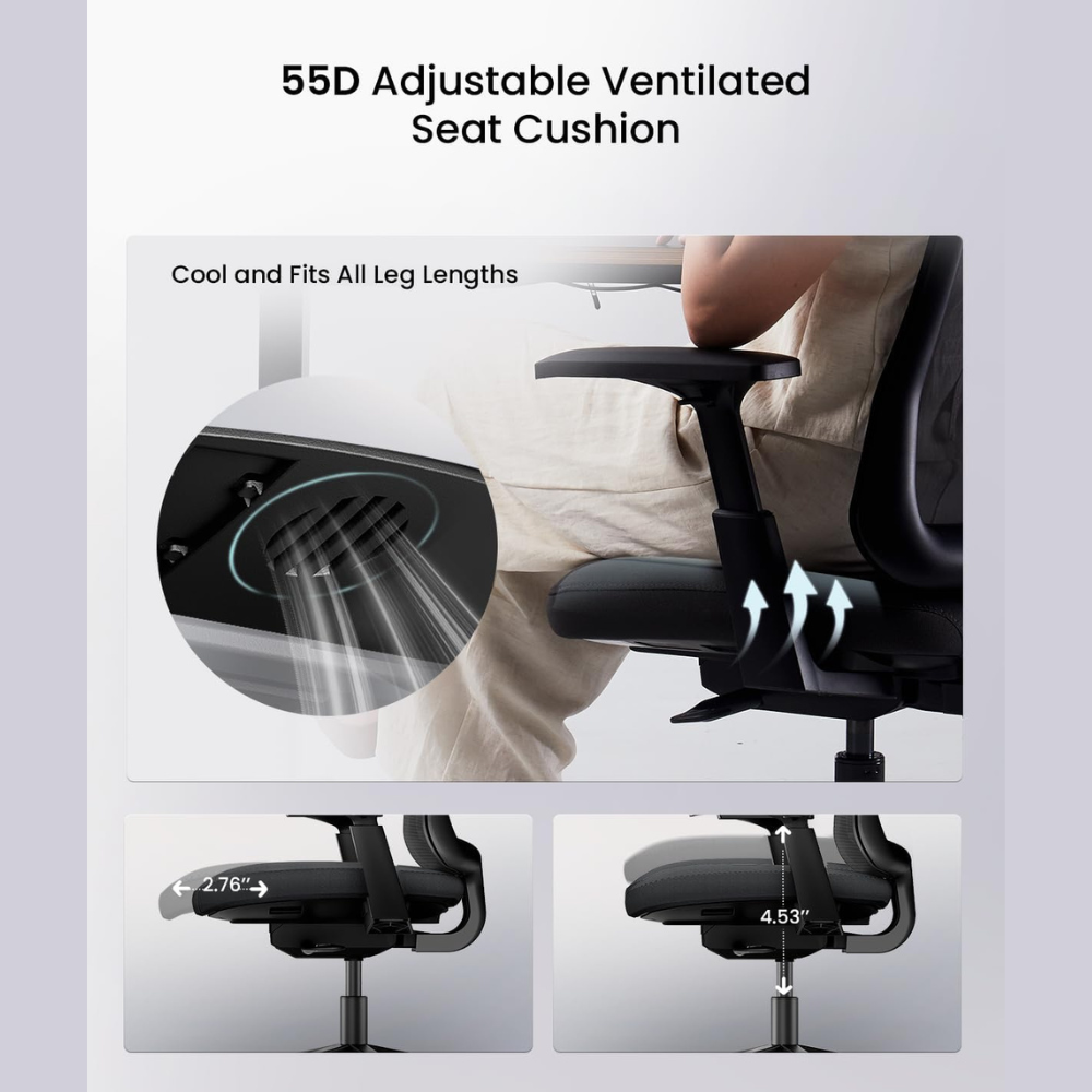 Ventilated seat cushion with adjustable height and airflow mechanism.