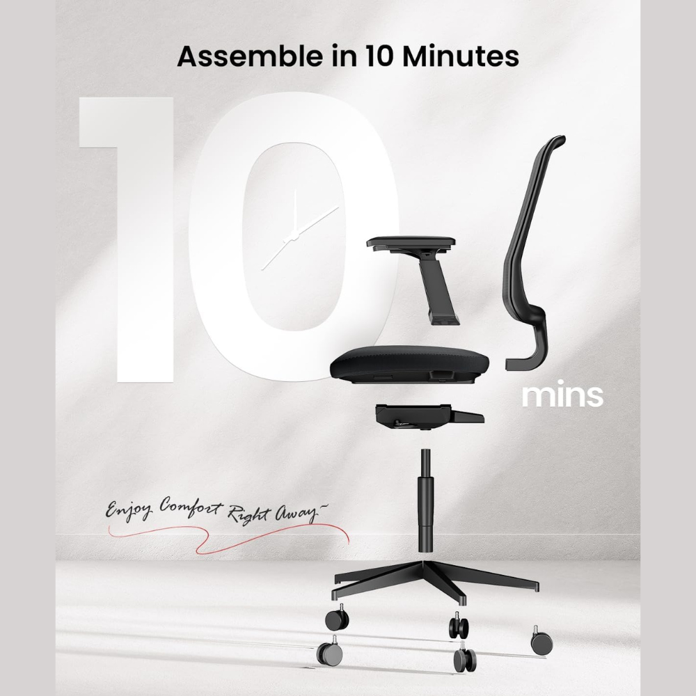 A disassembled black chair with wheels, armrests, seat, and back. "Assemble in 10 Minutes".