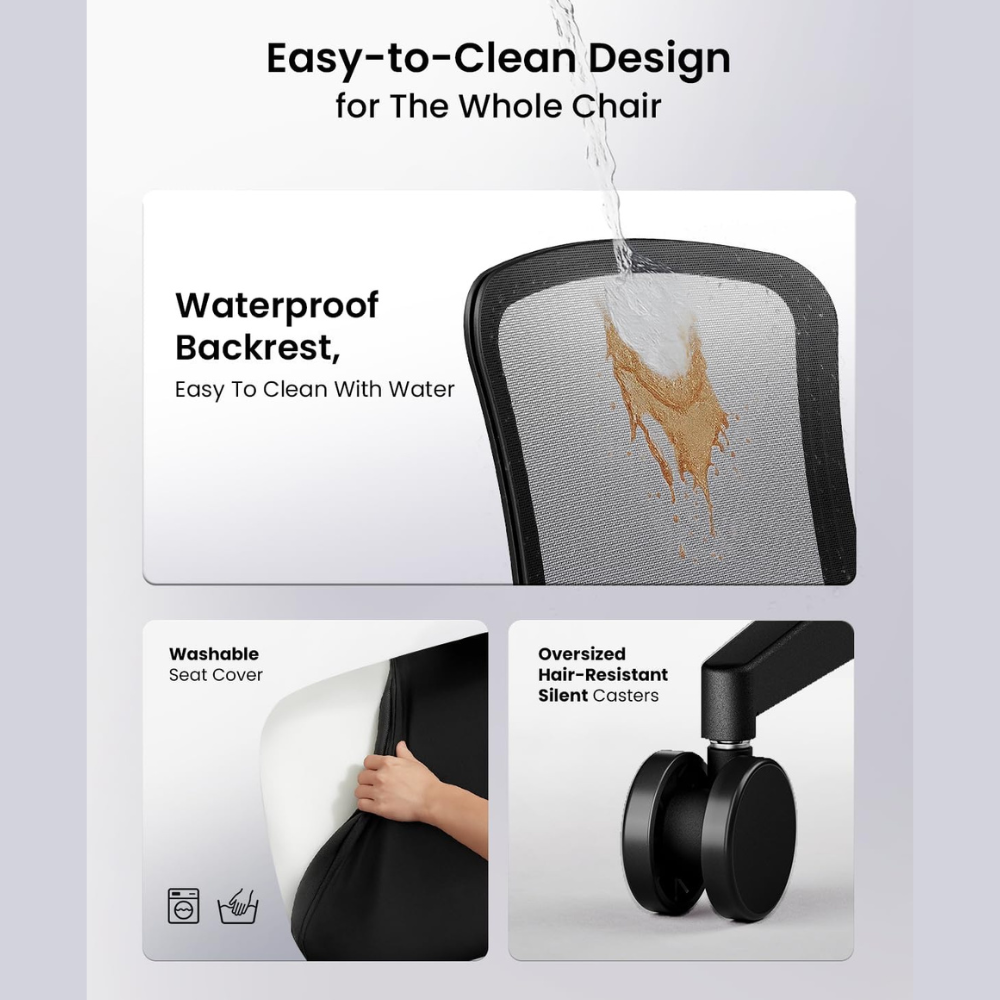 Office chair easy-clean design: waterproof backrest, washable seat, silent casters.