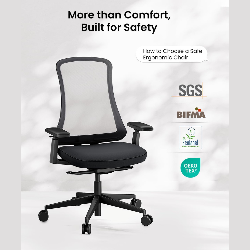 A black ergonomic office chair with mesh back, SGS, BIFMA, Ecolabel, and OEKO-TEX certifications.