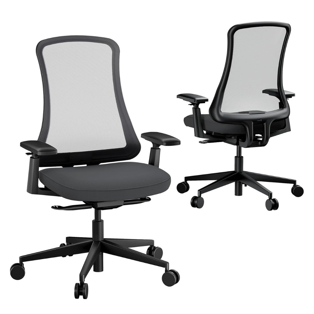 Two black office chairs with mesh backs and upholstered seats.