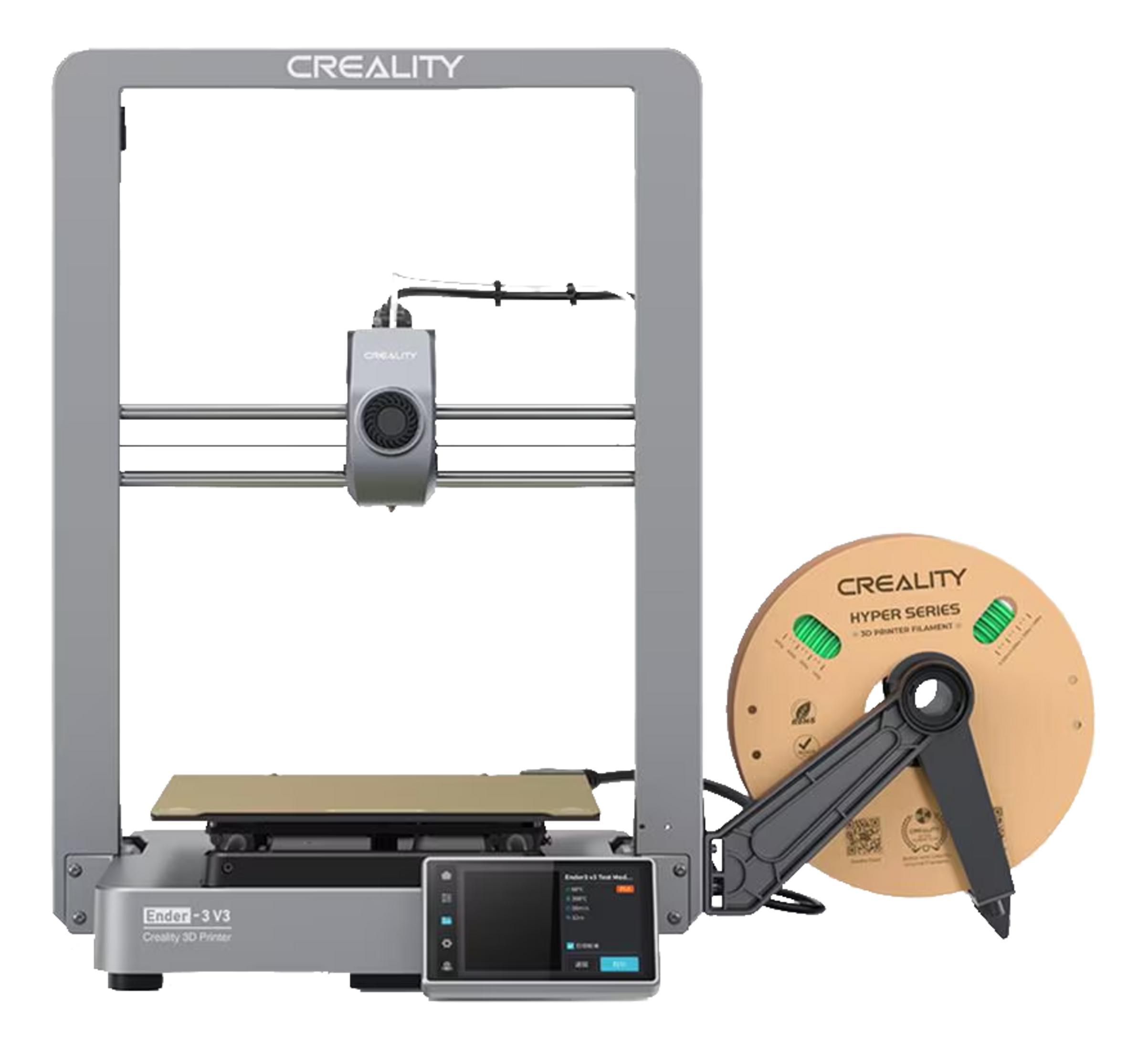 Una stampante 3D Creality Ender-3 V3 grigia con una bobina di filamento verde.