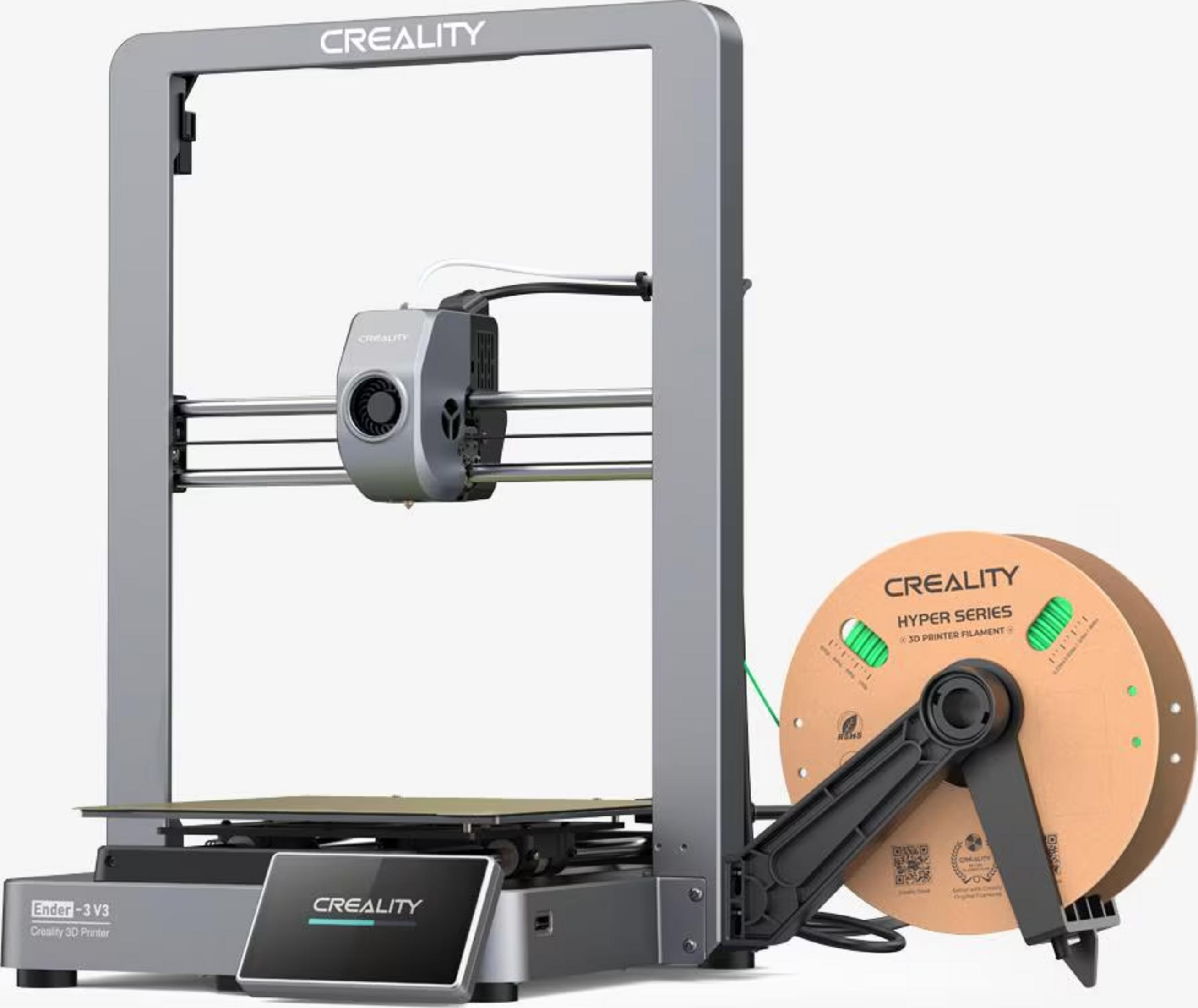Una stampante 3D Creality grigia con una bobina di filamento verde.