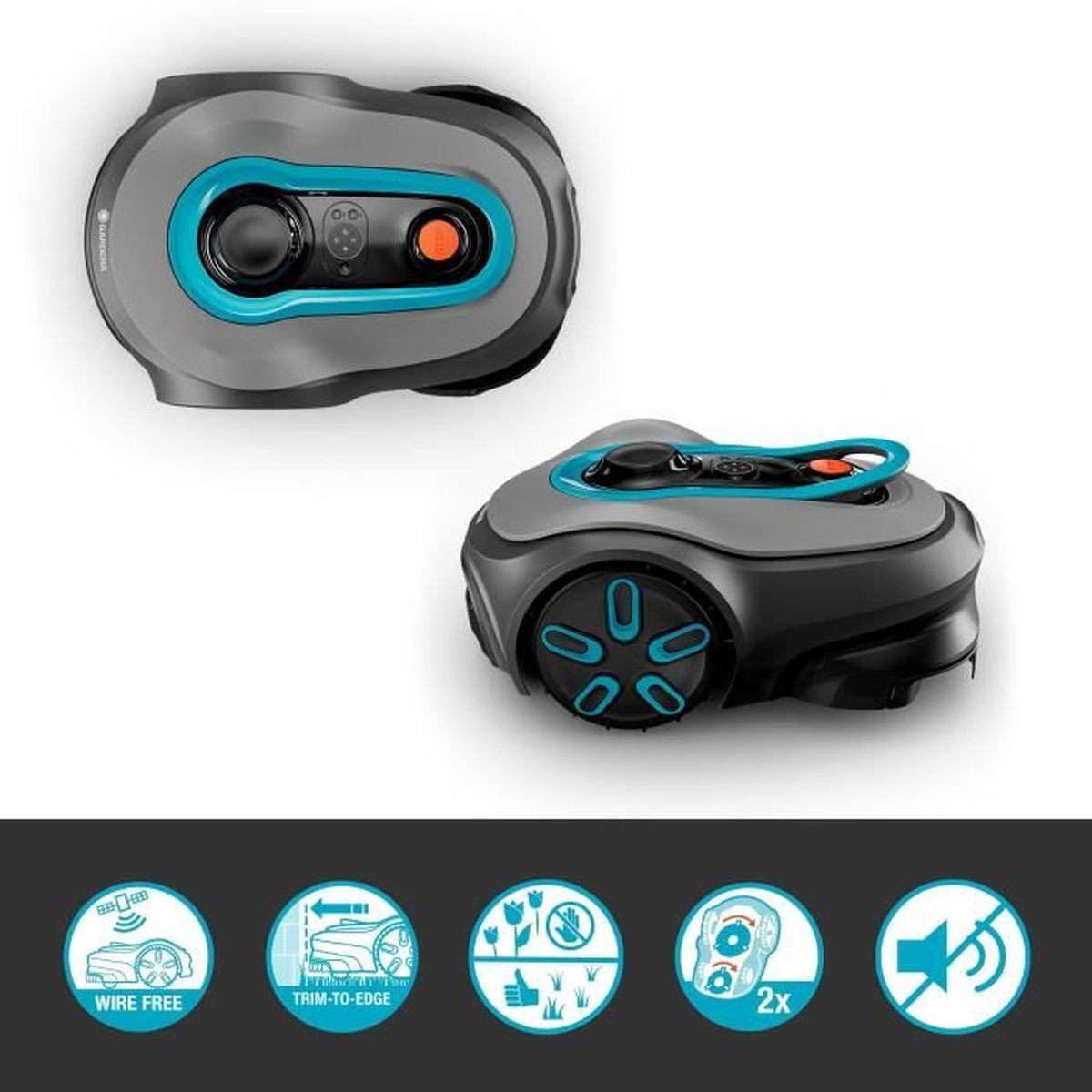 Ein Mähroboter in Grau und Türkis wird aus zwei Blickwinkeln gezeigt.