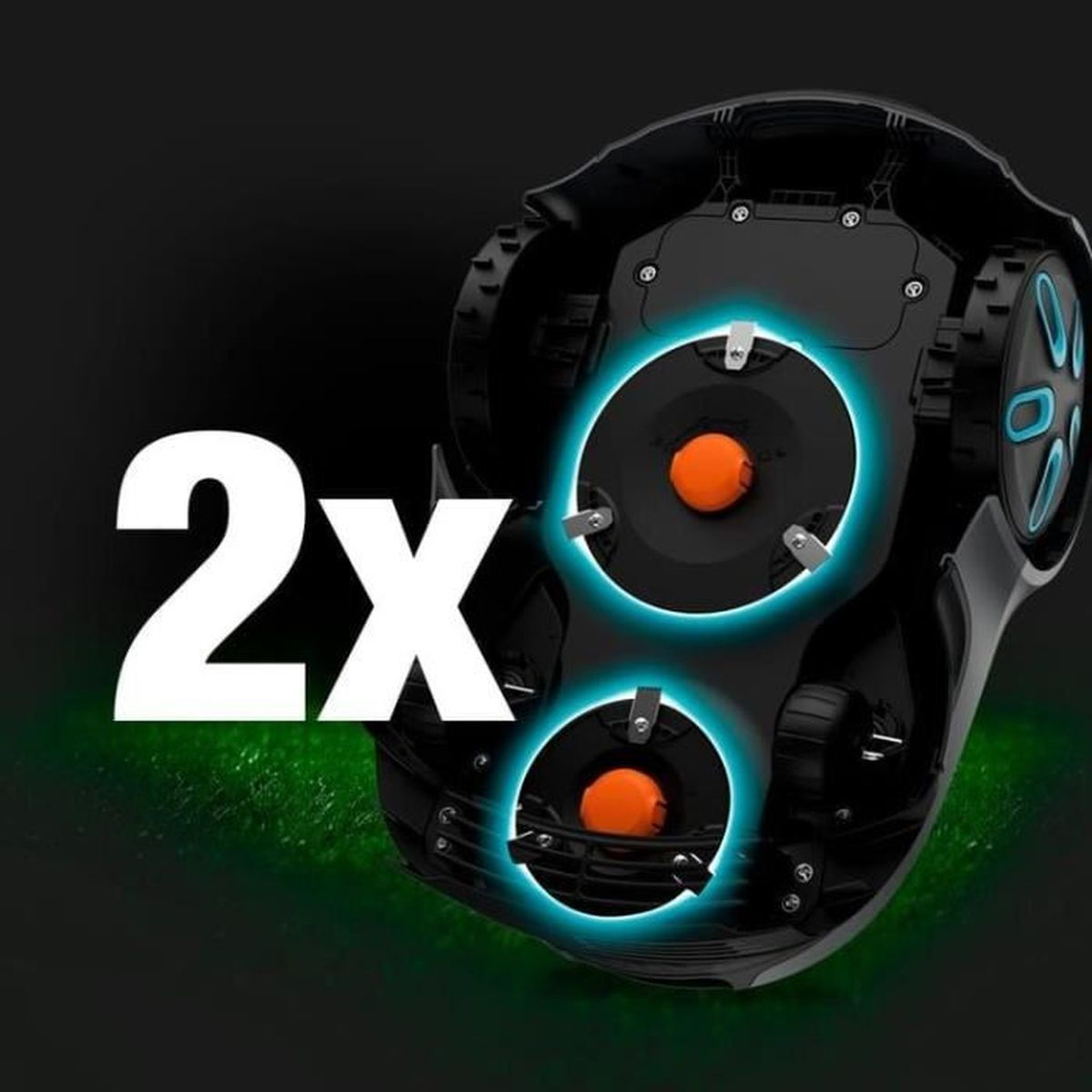 Ein Mähroboter mit zwei orangefarbenen Klingen und blauem Licht. "2x" daneben.