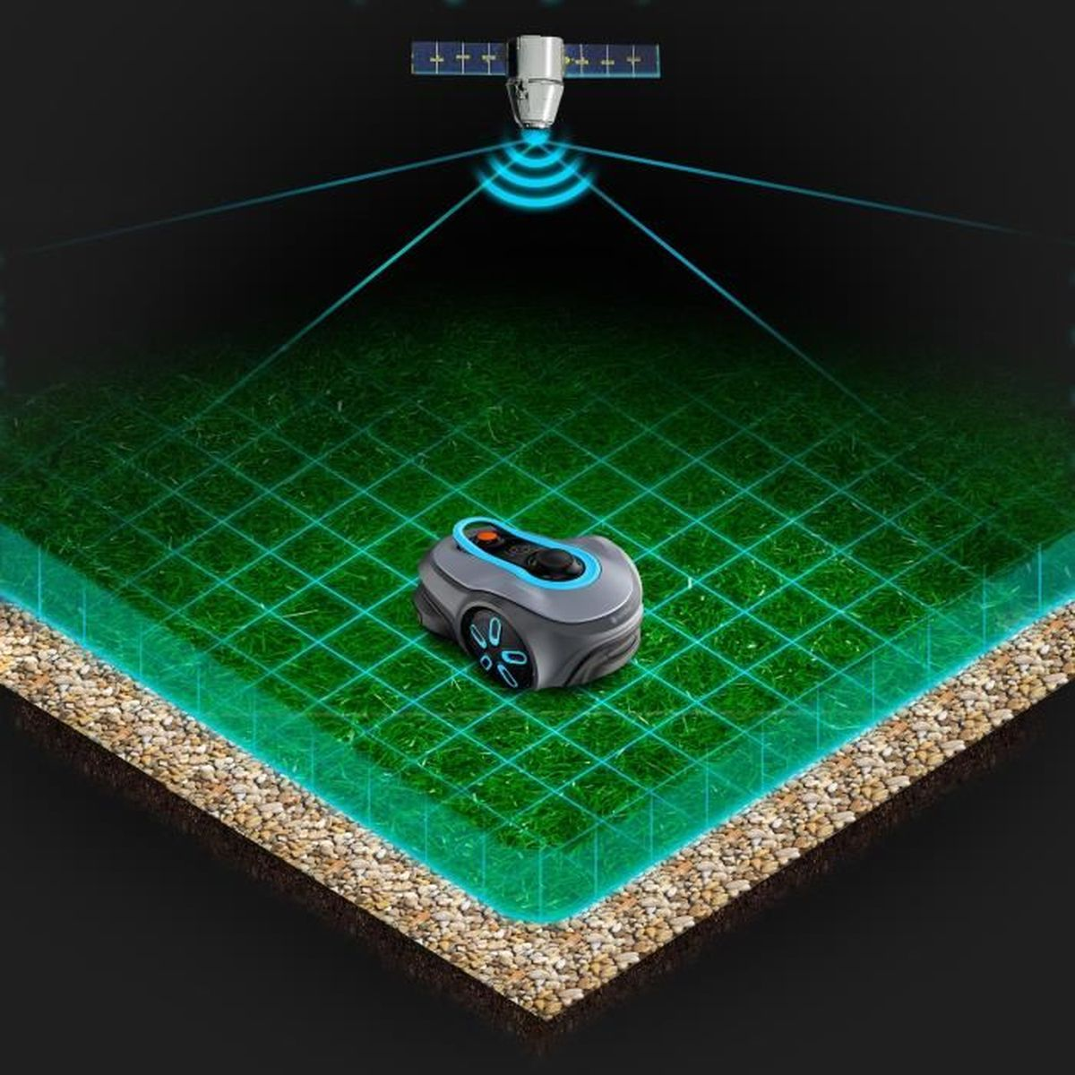 Mähroboter auf Gras, gesteuert von Satellitensignalen. Gitter zeigt Abdeckung.