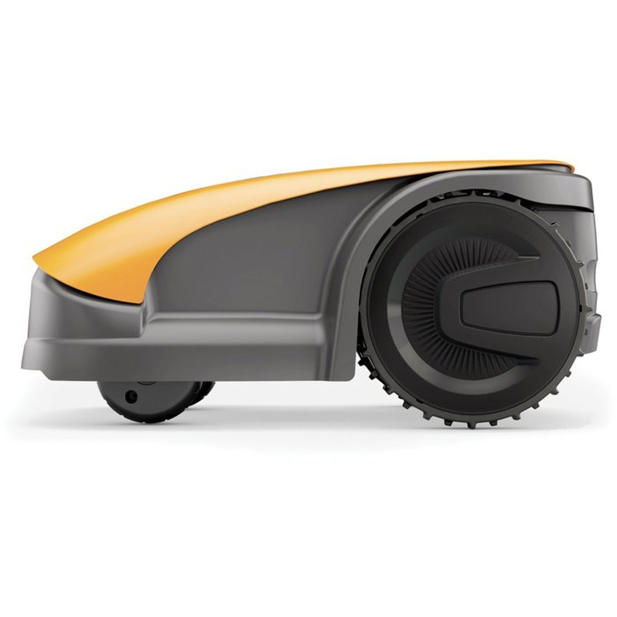 Ein grauer und oranger Roboter-Rasenmäher mit großen Rädern auf weißem Hintergrund.