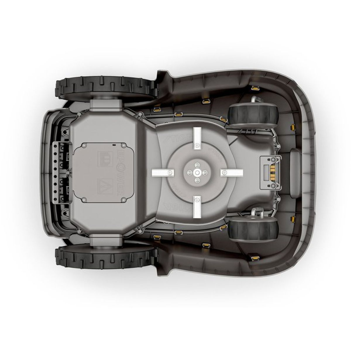 Oberansicht eines Mähroboters mit Rädern, Schneidwerk und Batterieabdeckung.
