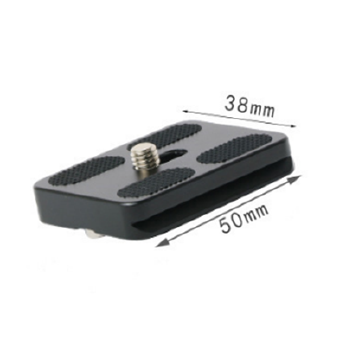 Schwarz 38mm x 50mm Schnellwechselplatte mit Stativschraube und Gummiauflage.