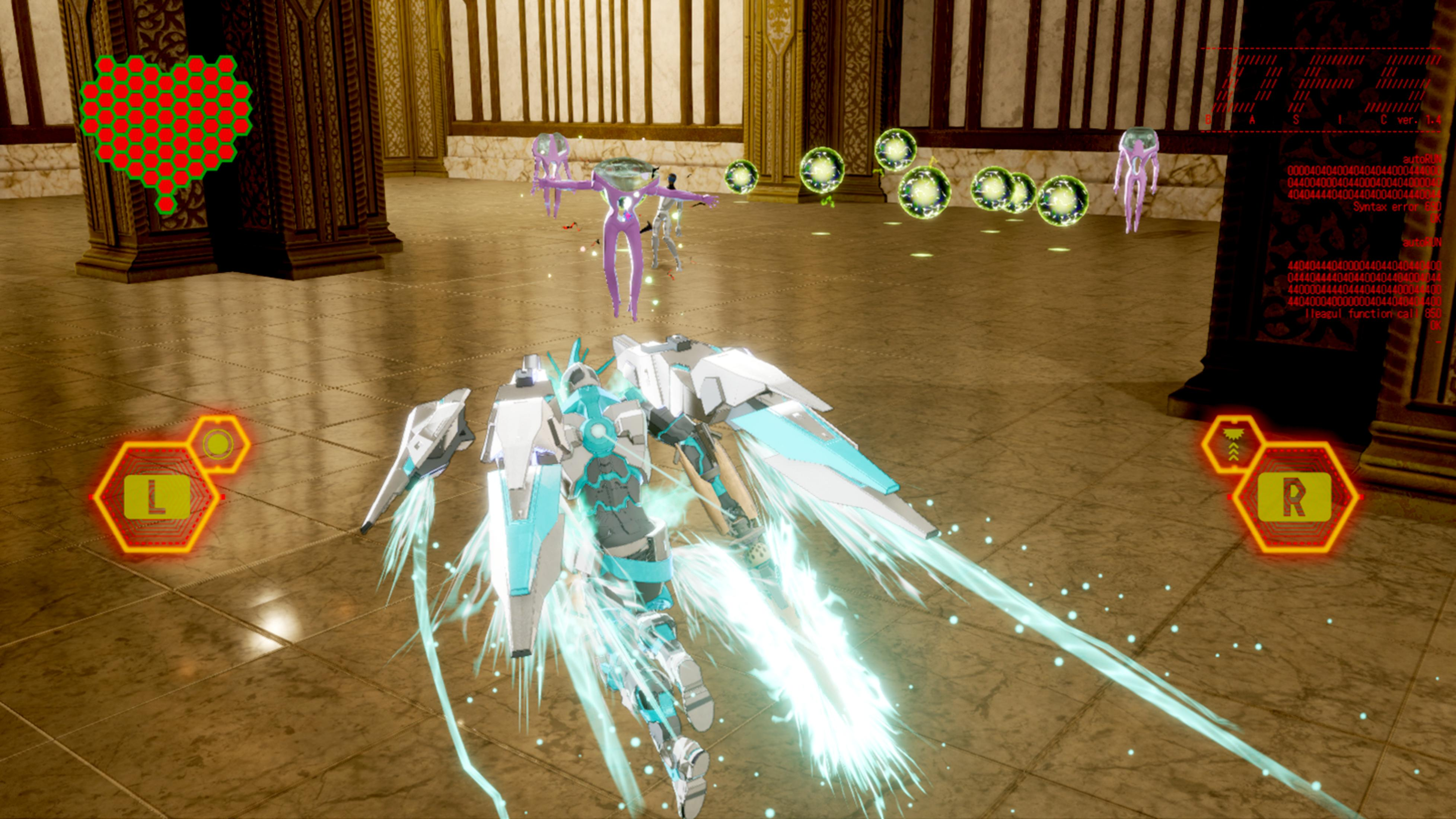 Un velivolo bianco e blu vola in una stanza opulenta con nemici IA.