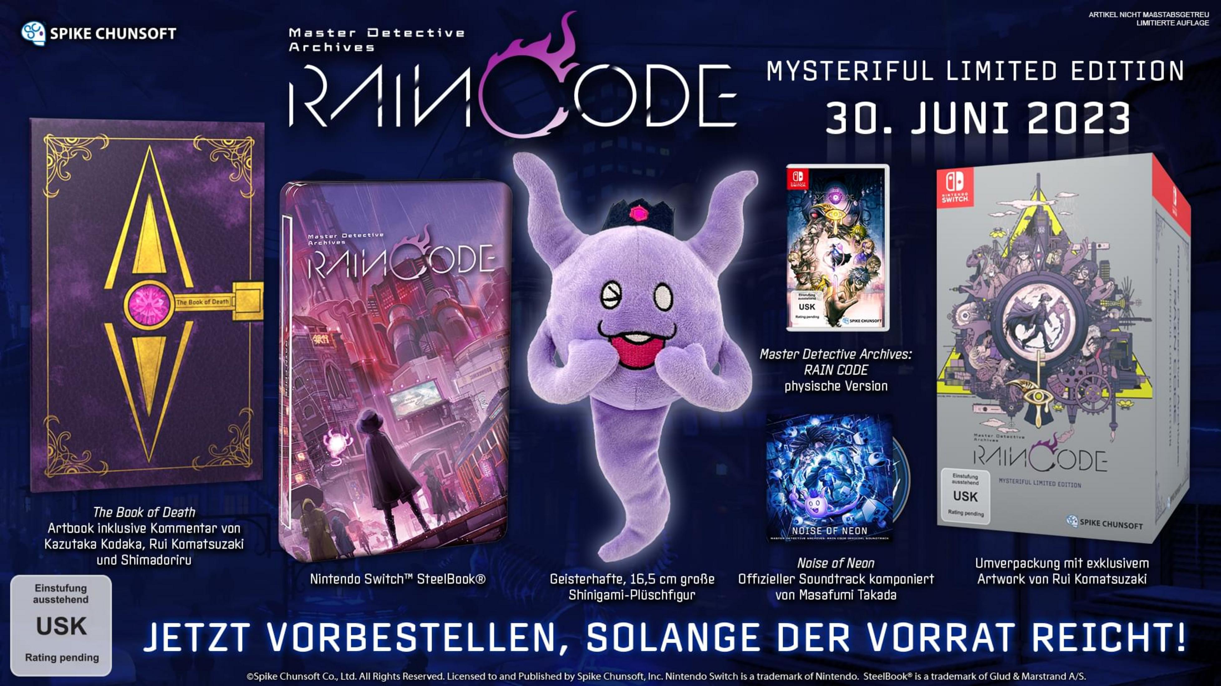 Offerta di prodotto per Master Detective Archives: Rain Code con Steelbook, peluche, artbook e colonna sonora.