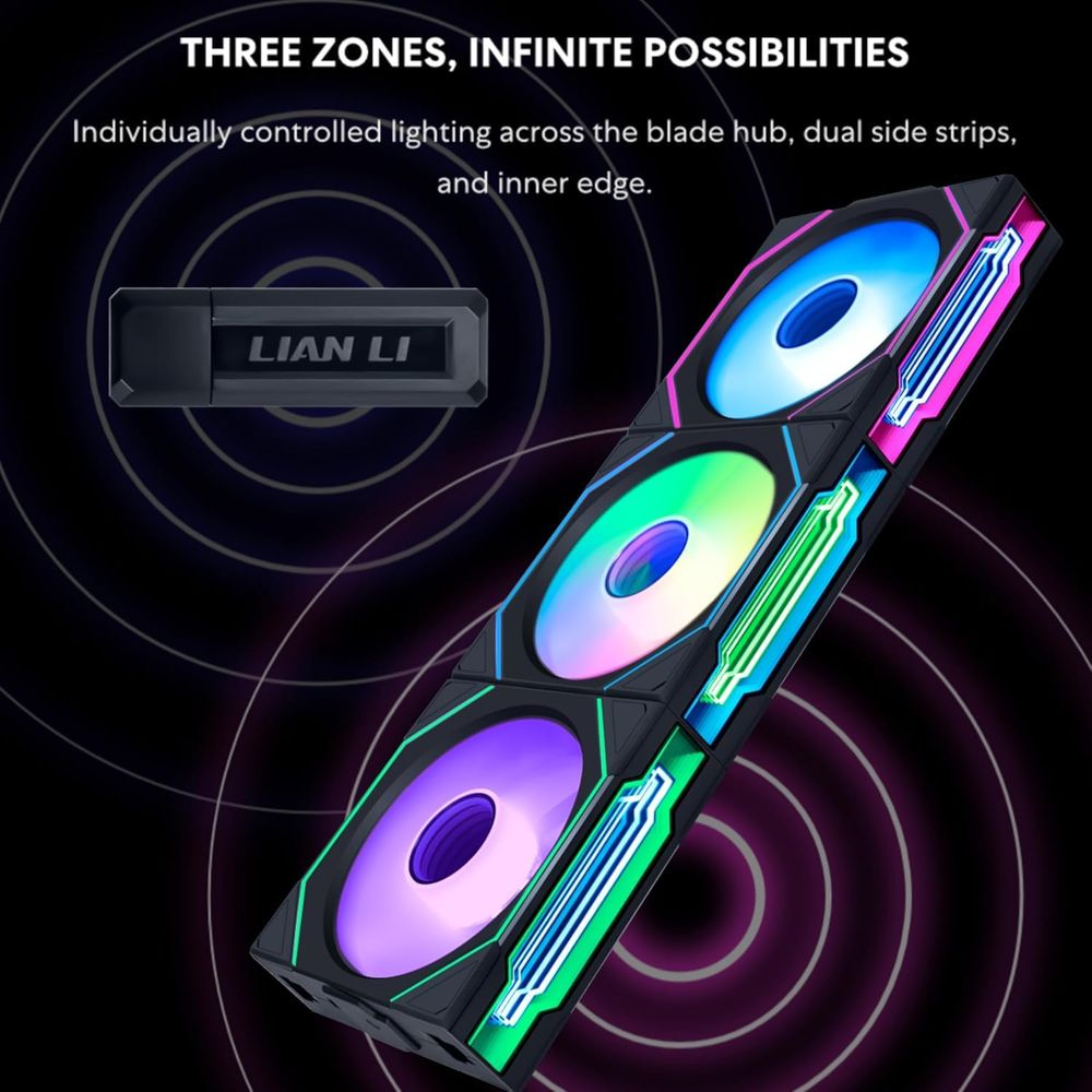 Una ventola Lian Li con tre zone illuminate viola, verdi e blu.
