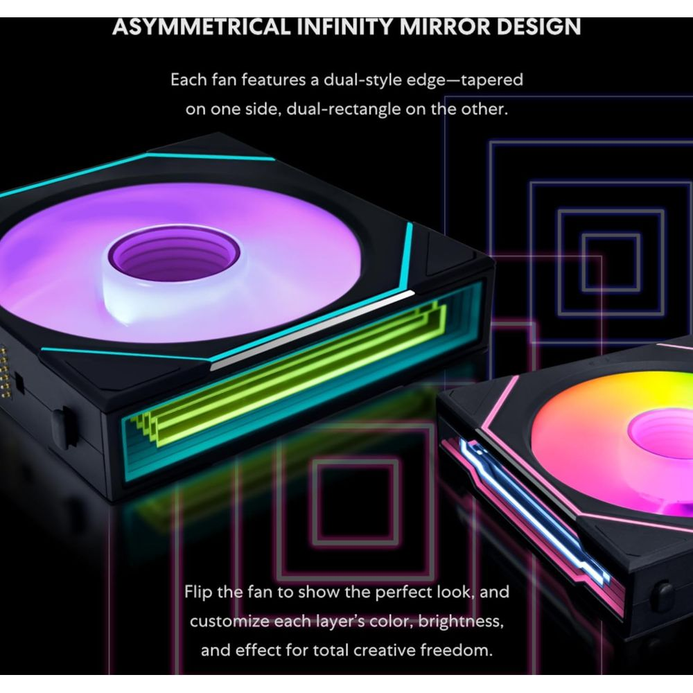 Due ventole con design a specchio infinito asimmetrico. Luci viola e verdi.