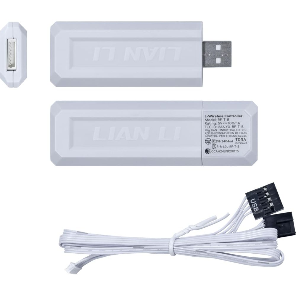 Biały kontroler bezprzewodowy Lian Li z portem USB i kablami.