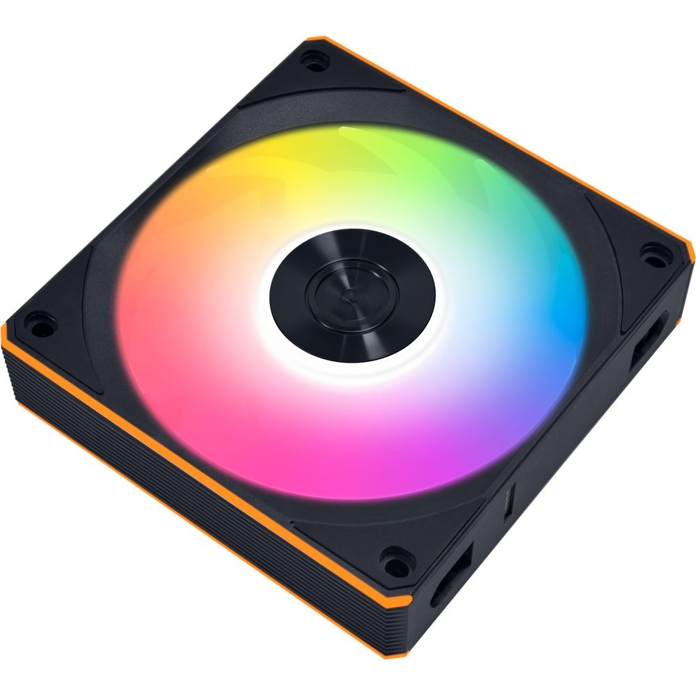 Black computer fan with orange trim and rainbow RGB lighting. Center hub is black.