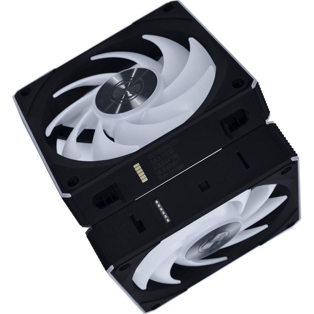 Two black computer fans with white blades are stacked side-by-side.