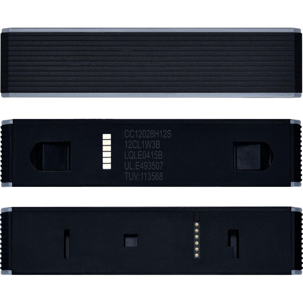 Three views of a black device with silver edges. Labeled.