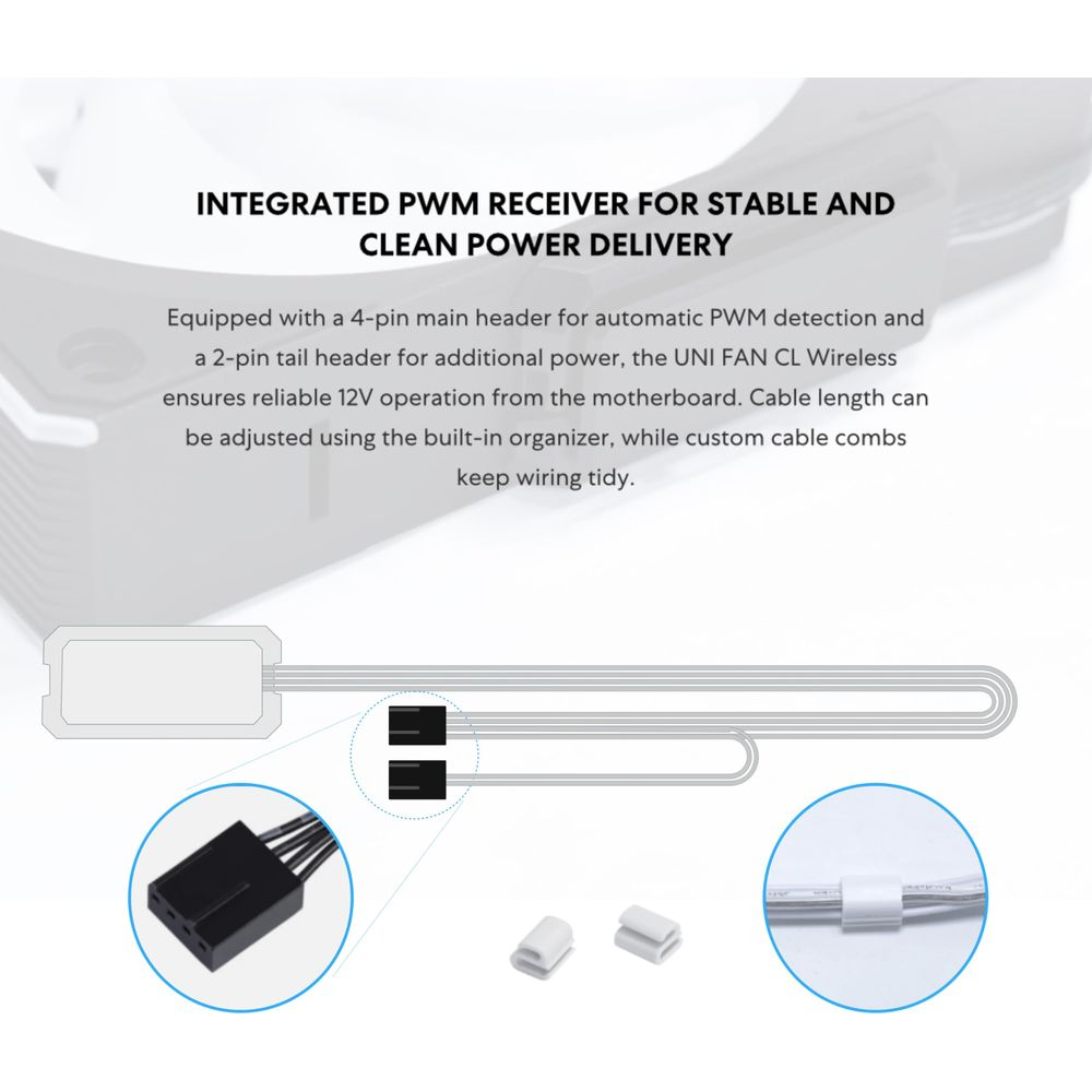 Un receptor PWM con conectores de 4 y 2 pines, peine y organizador de cables.