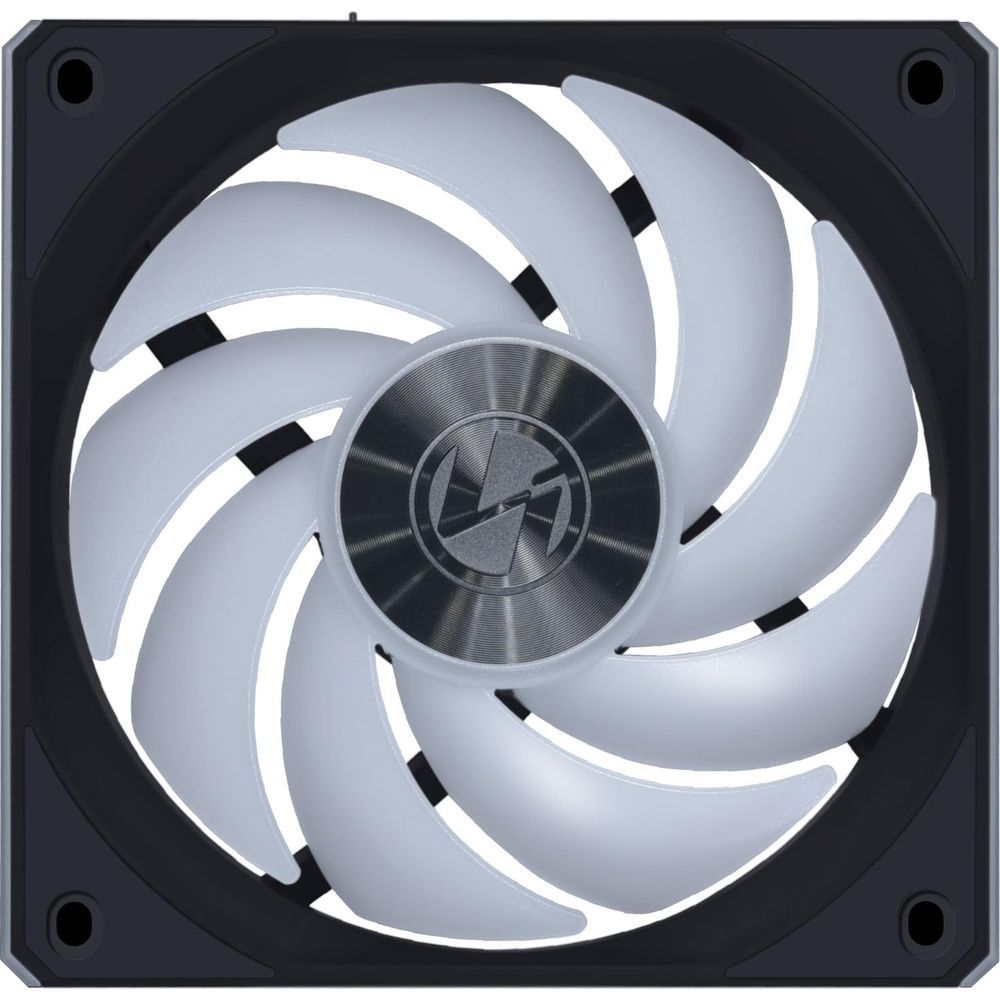 A white PC fan with nine blades and a black frame.