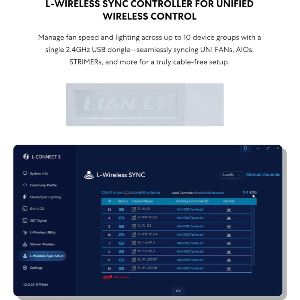 El software Lian Li L-Connect 3 muestra una lista de dispositivos sincronizados.