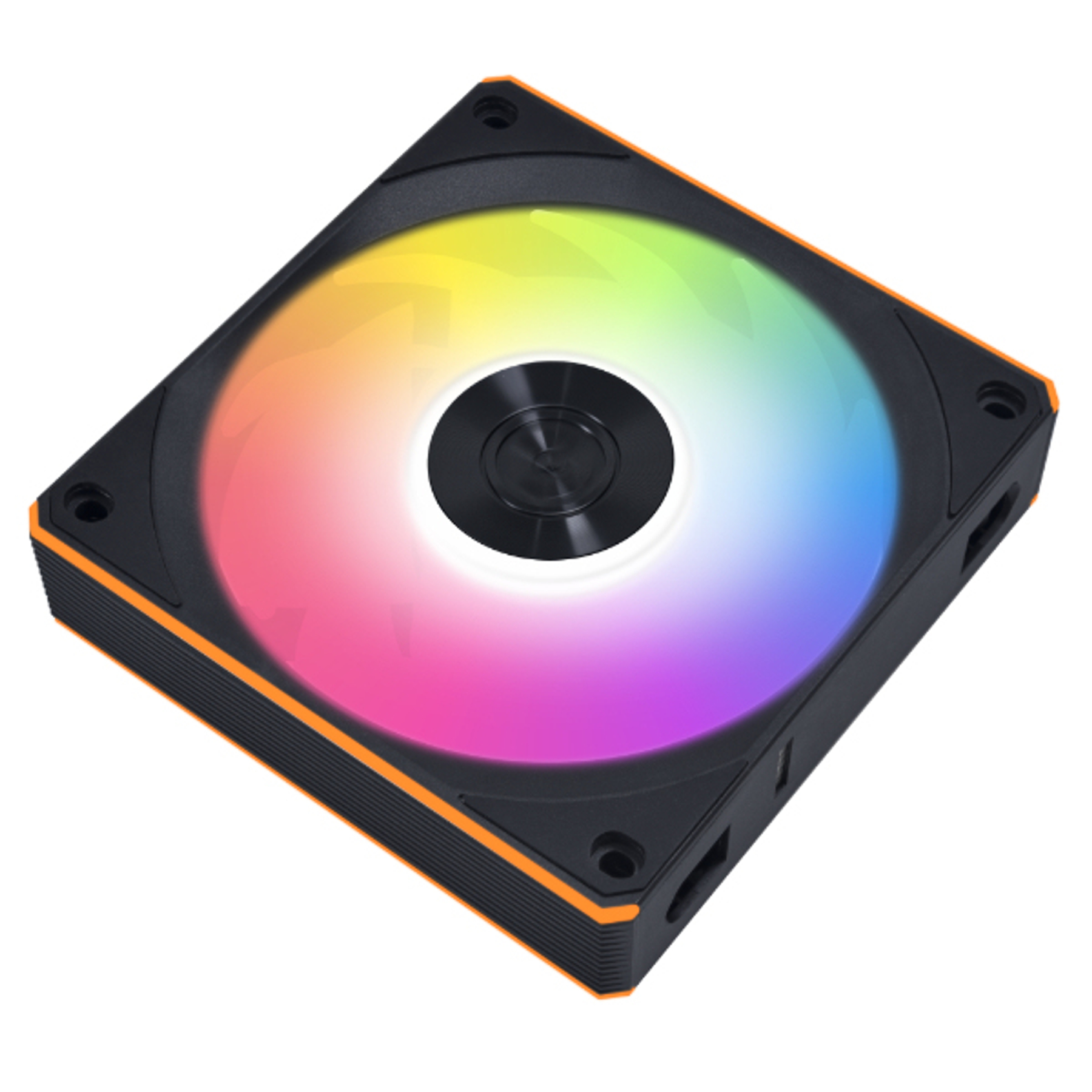 A black computer fan with an orange trim and colorful RGB lighting.