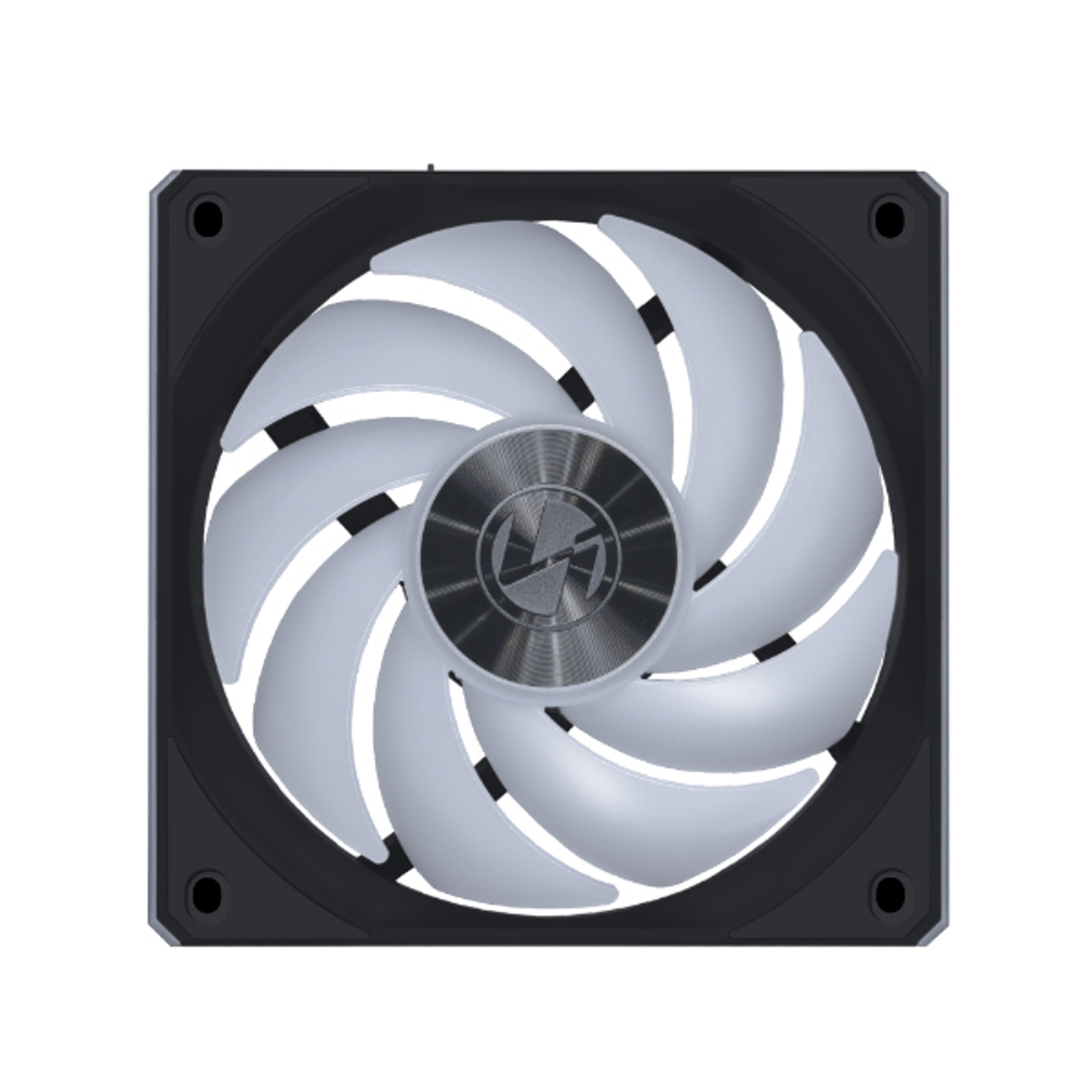 A black fan frame with white blades and a silver logo in the center.