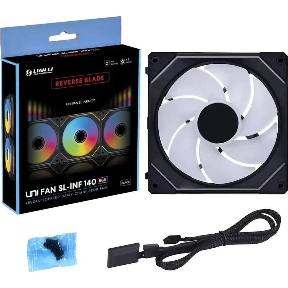 Un ventilador Lian Li y su embalaje, con cables y tornillos.