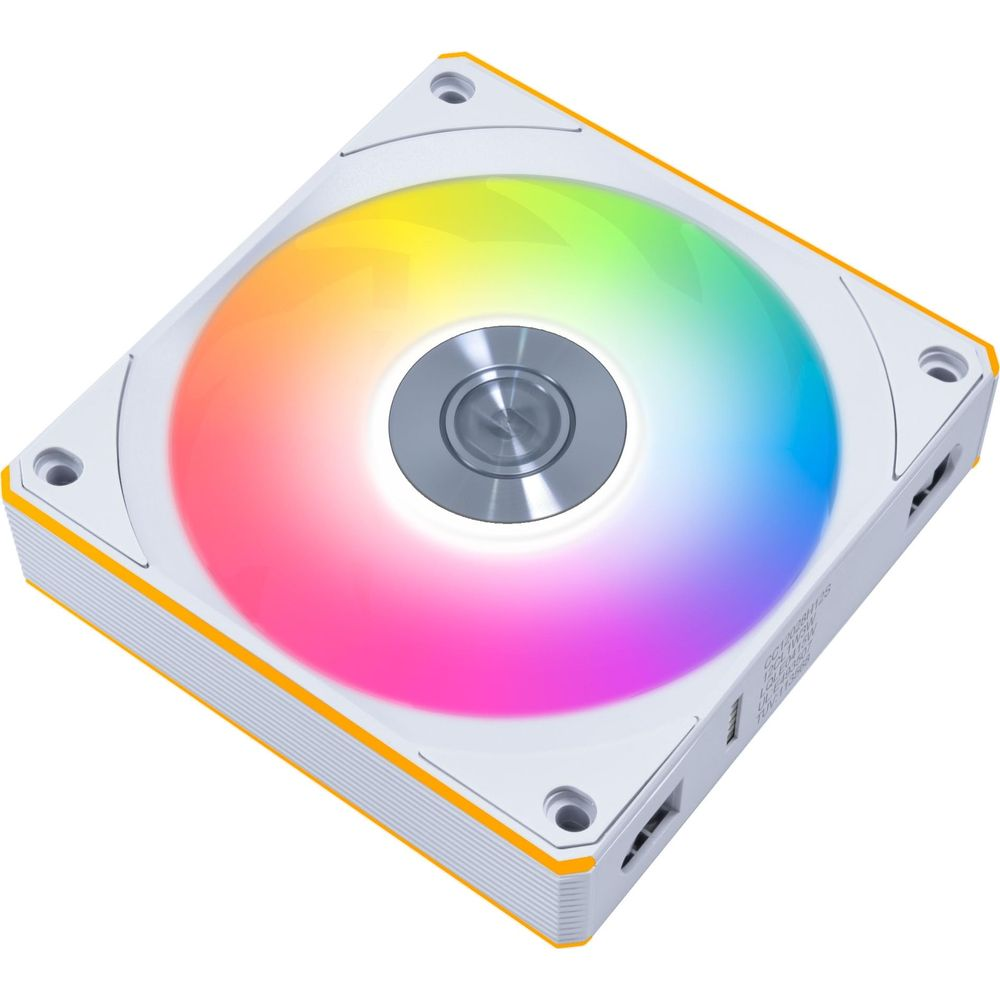 Una ventola per PC bianca con illuminazione RGB e bordo giallo.