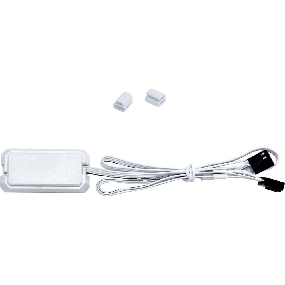 A white LED controller with two white cable clips and a white cable with a black connector.