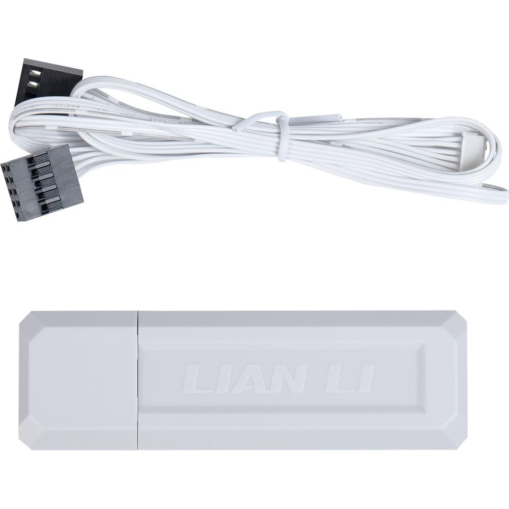 A white LIAN LI USB device and a white cable with black connectors.