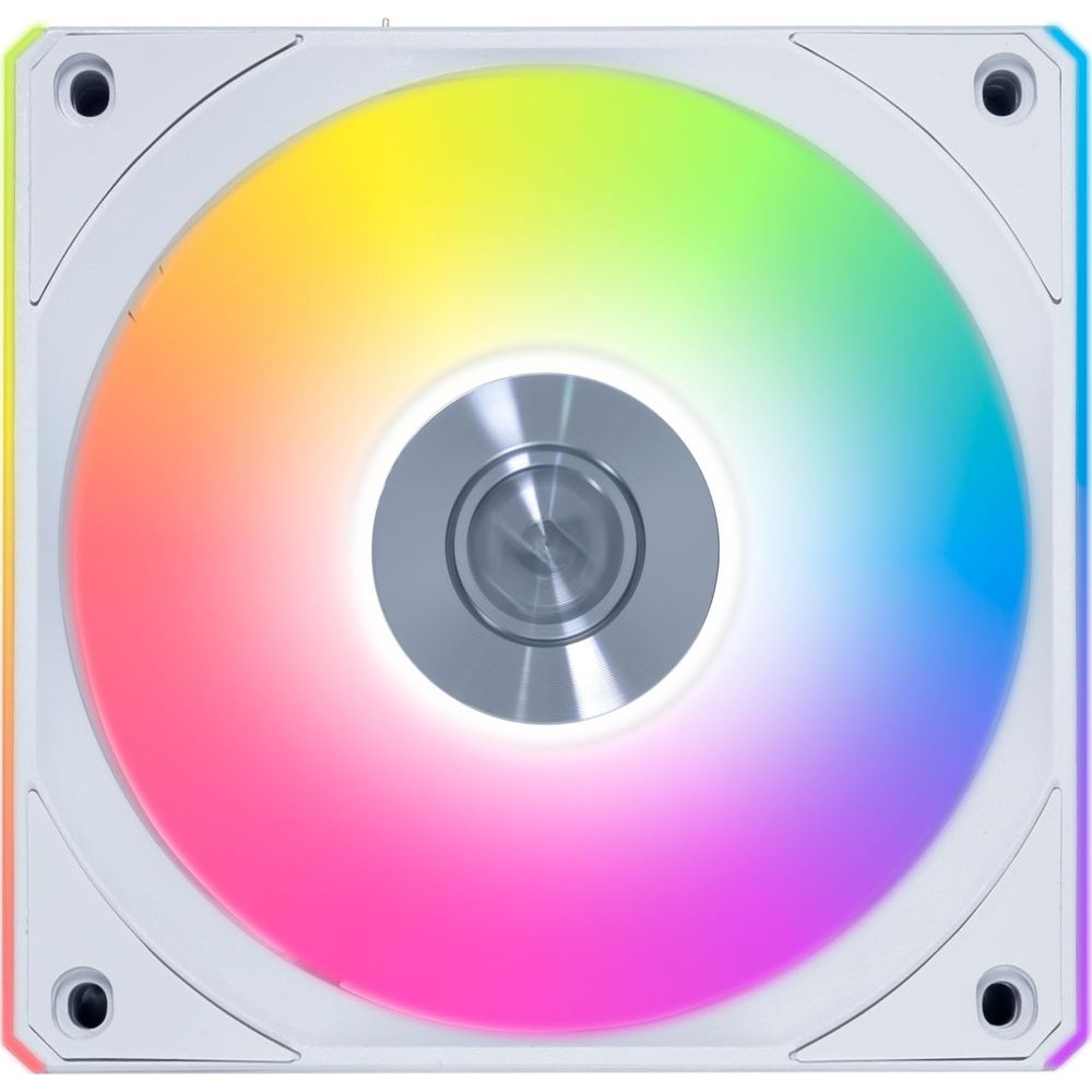 Una ventola PC bianca con illuminazione RGB arcobaleno.