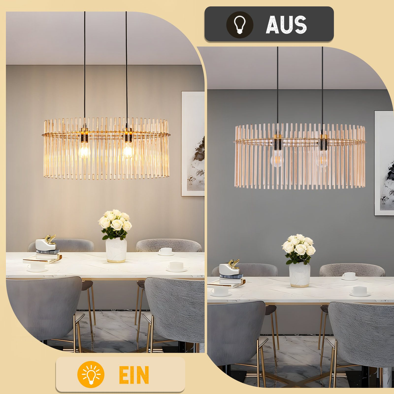 Un lampadario con aste di vetro sopra un tavolo da pranzo con fiori e sedie.