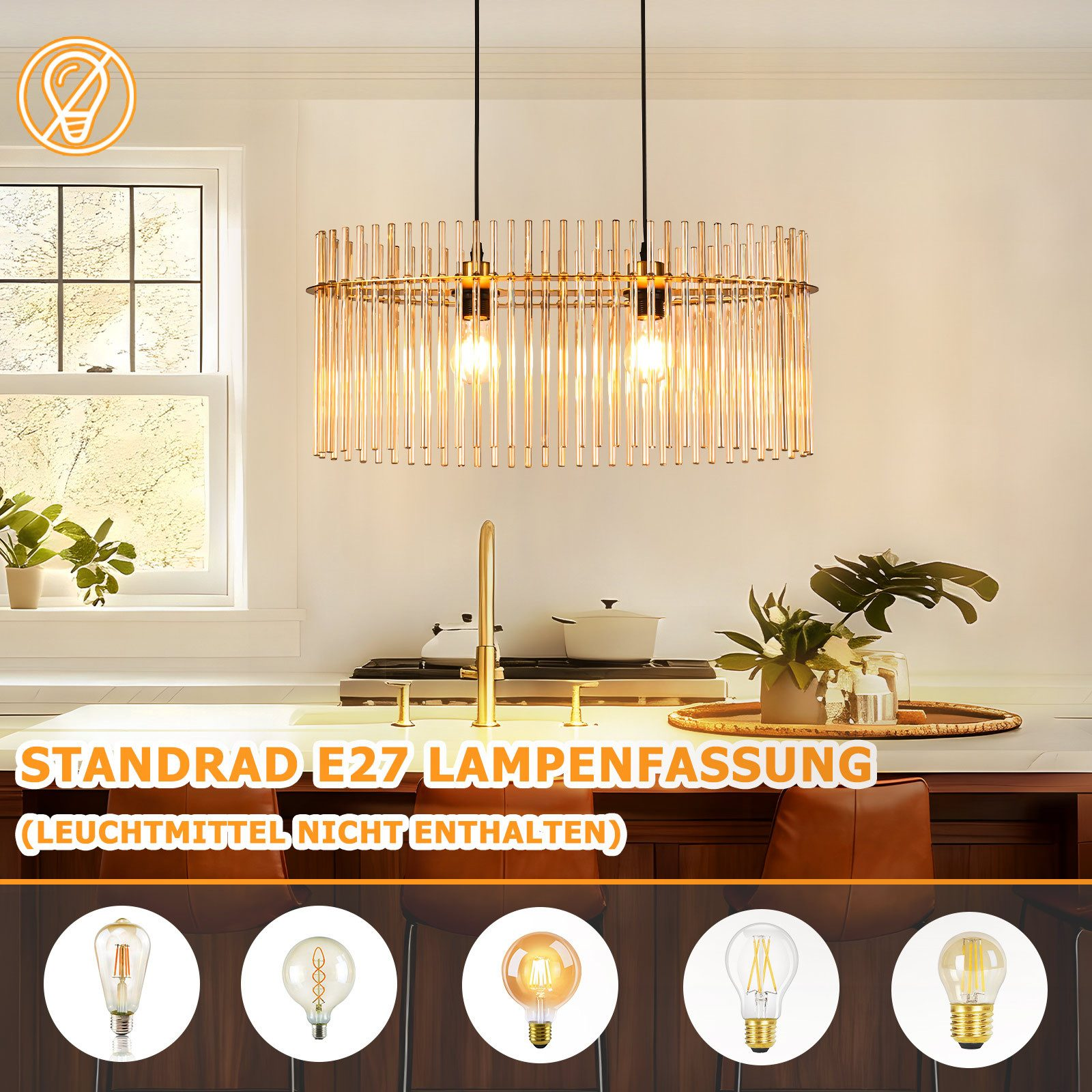 Scena di cucina con lampada a sospensione, finestra, fornello e lampadine.