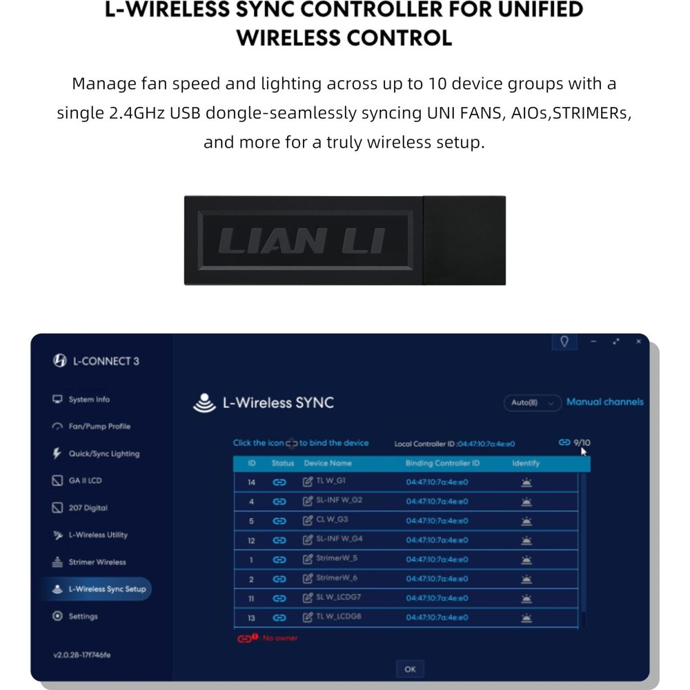 Il software L-Connect 3 mostra il controller wireless Lian Li con dispositivi.