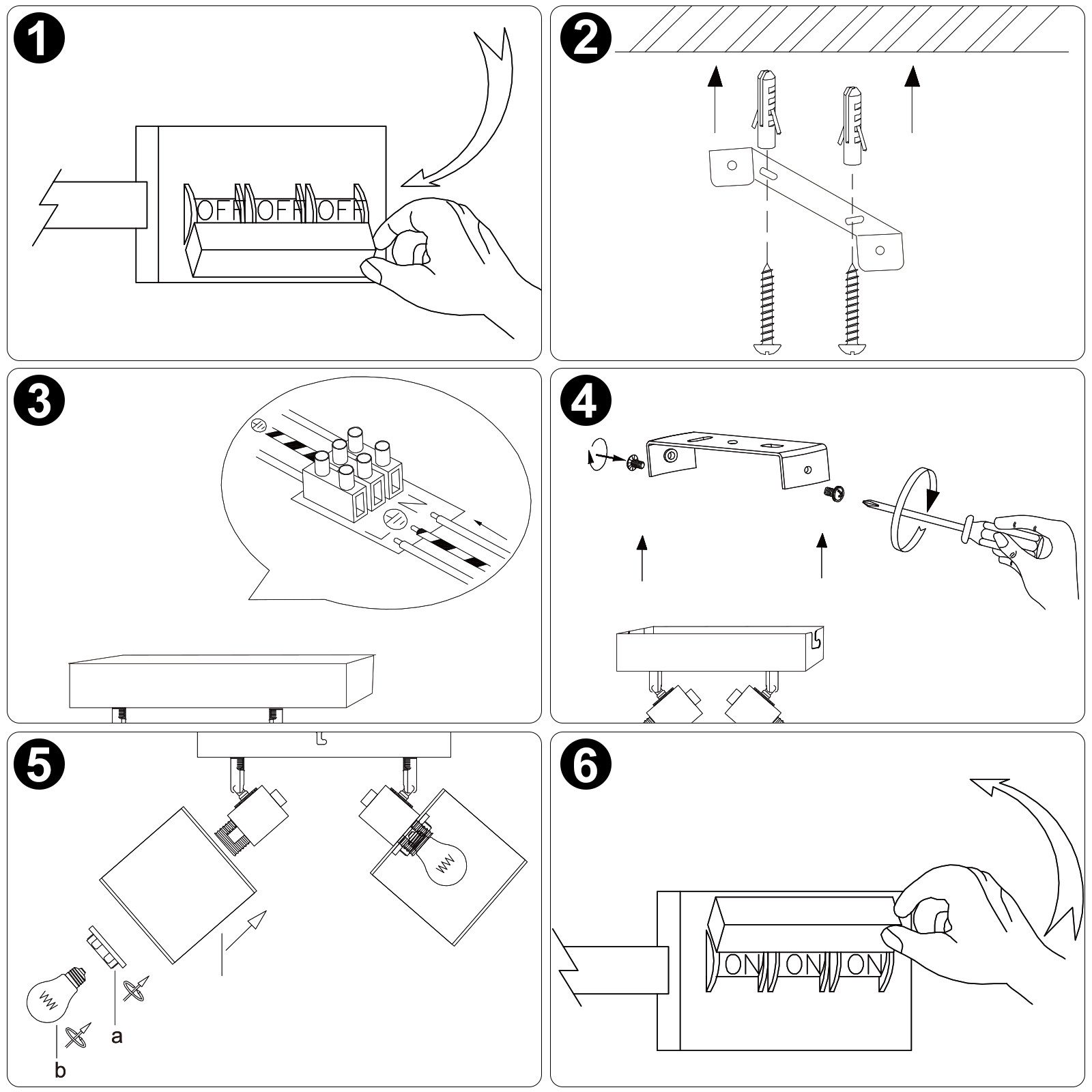 Passi 1-6: capovolgere interruttore, fissare staffa, cablaggio, montare lampada, inserire lampadine, testare.