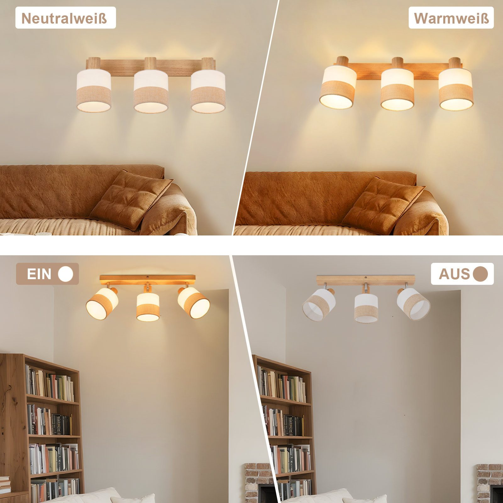 Lampada in legno con tre paralumi, luce bianco neutro e bianco caldo.