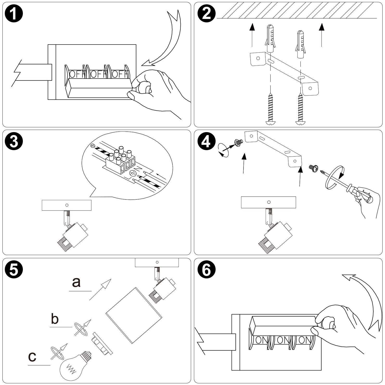 Illustrazioni mostrano l'installazione di un apparecchio, dal cablaggio al montaggio.