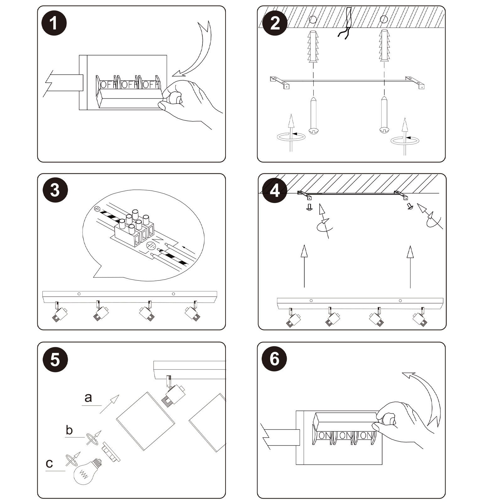 Fase 1: Inserire la spina. Fase 2: Montare staffa. Fase 3: Collegamento fili. Fase 4: Fissare binario. Fase 5: Installare lampadina. Fase 6: Montare coperchio.